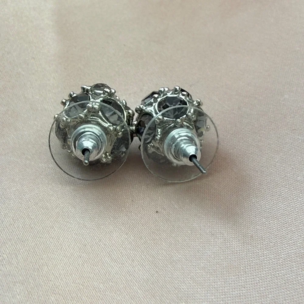 Smoke Gray & Silvertone Cluster Ball Rhinestone Stud Earrings